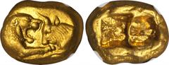 LYDIA. Kroisos, 561-546 B.C. AV 'Heavy Series' Stater (10.74 gms), Sardes Mint. NGC AU, Strike: 5/5 Surface: 5/5. Rosen-660; SNG Cop-454. Lion at left and bull at right facing and in battle. Reverse: 