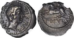 OCTAVIAN. AR Denarius (4.08 gms), Military Mint with Octavian in Gaul or Northern Italy, ca. 41 B.C. NGC EF, Strike: 3/5 Surface: 4/5. Cr-518/2; S-1540; Syd-1317. Bare head of Octavian facing right; R