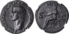 CALIGULA, A.D. 37-41. AE As (11.09 gms), Rome Mint, ca. A.D. 37-38. NGC AU, Strike: 5/5 Surface: 3/5. Light smoothing. RIC-38. Bare head of Caligula facing left; Reverse: Vesta enthroned facing left, 