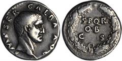 GALBA, A.D. 68-69. AR Denarius (3.52 gms), Rome Mint, ca. A.D. July 68-January 69. VERY FINE. RIC-167. "IMP SER GALBA AVG" Bare head of Galba facing right; Reverse: Oak wreath, "S P Q R / OB / CS" wit