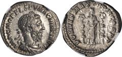 MACRINUS, A.D. 217-218. AR Denarius (3.28 gms), Rome Mint, ca. A.D. 217. NGC AU, Strike: 4/5 Surface: 4/5. RIC-34a. Laureate and draped bust of Macrinus facing right; Reverse: Fides holding two standa
