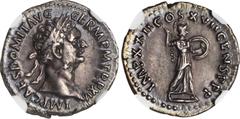 DOMITIAN, A.D. 81-96. AR Denarius, Rome Mint, A.D. 95-96. NGC Ch EF. Marks. RIC-787. Obverse: Laureate head of Domitian facing right; Reverse: Minerva advancing right, holding javelin and shield. A go