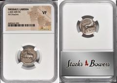 THESSALY. Larissa. AR Drachm, ca. 450/40-420 B.C. NGC VF. BCD Thessaly II-173-4; HGC-4, 420. Obverse: The hero Thessalos left, restraining bull left by band held around its head; Reverse: Horse rearin