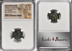 TIBERIUS II CONSTANTINE, 578-582. AE Pentanummium (1.99 gms), Constantinople Mint, 579-582. NGC Ch VF, Strike: 4/5 Surface: 4/5. S-438 (this coin plated). Obverse: Diademed, draped, and cuirassed bust