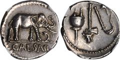 JULIUS CAESAR. AR Denarius (3.91 gms), Military Mint Traveling with Caesar, 49 B.C. NGC MS, Strike: 5/5 Surface: 4/5. Cr-443/1; CRI-9; Syd-1006. Obverse: Elephant advancing right, trampling upon horne