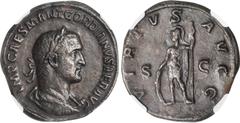GORDIAN I AFRICANUS, A.D. 238. AE Sestertius (21.16 gms), Rome Mint. NGC Ch VF, Strike: 5/5 Surface: 2/5. Smoothing. RIC-14. Obverse: Laureate, draped, and cuirassed bust right; Reverse: Virtus standi