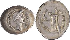 JULIUS CAESAR. AR Denarius (3.98 gms), Rome Mint, P. Sepullius Macer, moneyer, 44 B.C. ALMOST UNCIRCULATED. Cr-480/10; CRI-107a; Syd-1073. Lifetime issue. Obverse: CAESAR DICT PERPETVO, wreathed head 