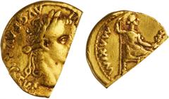 TIBERIUS, A.D. 14-37. Cut AV Aureus (5.74 gms), Lugdunum Mint, A.D. 36-37. cf. RIC-29; cf. Calico-305c. "Tribute Penny" type. Obverse: TI CAESAR DIVI AVG F AVGVSTVS, laureate head right; Reverse: PONT