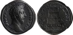 DIVUS MARCUS AURELIUS, Died A.D. 180. AE Sestertius, Rome Mint, Struck under Commodus, A.D. 180. NGC VF. Light Scratches. RIC-662 (Commodus). Commemorative issue. Obverse: Bare head right; Reverse: Fu