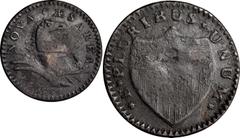 New Jersey Copper 1786 New Jersey Copper. Maris 24-M, W-4960. Rarity-7+. Wide Shield. VF Details--Environmental Damage (PCGS). This significant and desirable example offers a considerable amount of bo