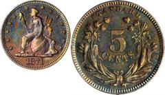 Pattern and Experimental Coins 1871 Pattern Half Dime. Judd-1066, Pollock-1201. Rarity-7-. Copper. Reeded Edge. Proof-66 BN (PCGS). CAC. Obv: Liberty is seated left with 13 stars around the periphery 