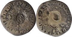 Counterstamped Douzain (16th Century) French Billon Douzain with Fleur-de-lys Counterstamp. Host coin Very Good, Counterstamp Very Fine. Originally counterstamped to signify revaluation to 15 deniers,