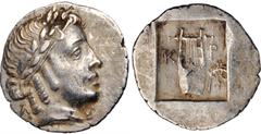 LYCIA. Lycian League. Kragos. AR Drachm (1.74 gms), ca. 33-27 B.C. CHOICE VERY FINE. RPC-1, 3305; Troxell-104. Obverse: Laureate head of Apollo right; Reverse: Kithara; filleted palm frond to lower ri