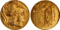 MACEDON. Kingdom of Macedon. Philip III, 323-317 B.C. AV Stater, Babylon Mint, ca. 323-318/7 B.C. ICG AU 58. Pr-P178. Obverse: Helmeted head of Athena right; Reverse: ΒΑΣΙΛΕΩΣ / ΦIΛIΠΠOY, Nike standin