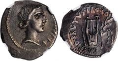 BRUTUS. AR Denarius (3.72 gms), Military mint traveling with Brutus in Lycia, 42 B.C. NGC Ch EF, Strike: 4/5 Surface: 3/5. Cr-501/1; CRI-199; Syd-1287. Obverse: Head of Libertas right; Reverse: Lyre b