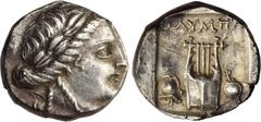 LYCIA. Lycian League. Olympos. AR Hemidrachm (3.21 gms), ca. 167-100 B.C. NEARLY EXTREMELY FINE. Troxell-42; SNG Cop-Unlisted. Obverse: Laureate head of Apollo right; Lyre; helmet to left, sword behin