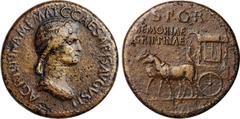 AGRIPPINA SENIOR (MOTHER OF CALIGULA, DIED A.D. 33). AE Sestertius, Rome Mint, struck under Caligula, A.D. 37-41. CHOICE VERY FINE. RIC-55 (Caligula). Commemorative issue. Obverse: Draped bust right; 