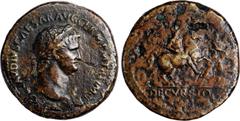 NERO, A.D. 54-68. AE Sesterius (30.40 gms), Rome Mint, A.D. 64-66. VERY GOOD. RIC-170. Obverse: Laureate bust right, wearing aegis; Reverse: Nero, holding spear, on horse rearing right; behind, soldie