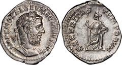 MACRINUS, A.D. 217-218. AR Denarius (3.45 gms), Rome Mint. CHOICE ALMOST UNCIRCULATED. RIC-91; RSC-122b. Obverse: Laureate and cuirassed bust right; Reverse: Securitas standing left, leaning upon colu