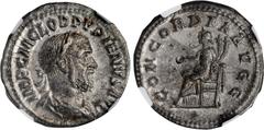 PUPIENUS, A.D. 238. AR Denarius (3.16 gms), Rome Mint, A.D. 238. NGC AU, Strike: 5/5 Surface: 3/5. RIC-1; RSC-6. Obverse: Laureate, draped, and cuirassed bust right; Reverse: Concordia seated left on 