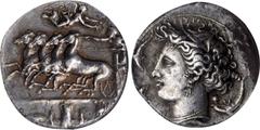 SICILY. Syracuse. Dionysios I, 406-367 B.C. AR Dekadrachm (41.88 gms), ca. 405-380/67 B.C. NGC Ch EF, Strike: 4/5 Surface: 2/5. Fine Style. HGC-2, 1299; cf. SNG ANS-373/374 (for obv./rev. dies); Galla