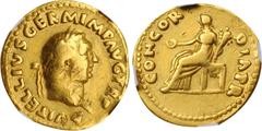 VITELLIUS, A.D. 69. AV Aureus (7.05 gms), Rome Mint. NGC Ch F, Strike: 5/5 Surface: 2/5. Scuffs. RIC-89; Calico-542. Obverse: Laureate head right; Reverse: Concordia seated left on throne, holding cor