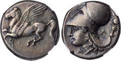 CORINTHIA. Corinth. AR Stater (8.37 gms), ca. 350/45-285 B.C. NGC Ch VF, Strike: 5/5 Surface: 3/5. HGC-4, 1848; Pegasi-411; BCD Corinth-Unlisted. Obverse: Pegasos flying left; Reverse: Helmeted head o