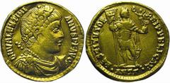 ANCIENT COINAGE-ROMAN EMPIRE VALENTINIAN I, 364-375 A.D. AV Solidus (3.99 gms, Antioch Mint), RIC-2a. Diademed, draped bust right./Emperor standing facing right, holding Labarum. Edge shaved, has been