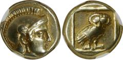 Ancient Coins LESBOS. Mytilene. EL Hekte (2.53 gms), ca. 377-326 B.C. NGC EF, Strike: 5/5 Surface: 4/5. HGC-6, 1031; Bodenstedt-105. Obverse: Helmeted head of Athena right; Reverse: Owl standing right