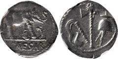 Ancient Coins JULIUS CAESAR. AR Denarius (3.87 gms), Military mint traveling with Caesar, 49 B.C. NGC AU, Strike: 4/5 Surface: 4/5. Bankers' Marks. Cr-443/1; CRI-9; Syd-1006. Obverse: Elephant advanci