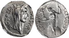 Ancient Coins JULIUS CAESAR. AR Denarius (3.76 gms), Rome Mint; P. Sepullius Macer, moneyer, lifetime issue, 44 B.C. NGC Ch AU, Strike: 4/5 Surface: 4/5. Cr-480/13; CRI-107d; Syd-1074. Obverse: Wreath