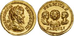 Ancient Coins SEPTIMIUS SEVERUS, WITH JULIA DOMNA, CARACALLA & GETA, A.D. 193-211. AV Aureus (7.38 gms), Rome Mint, A.D. 202. NGC Ch AU, Strike: 5/5 Surface: 3/5. Fine Style. cf. RIC-181c (bust types 