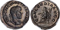 Ancient Coins PUPIENUS, A.D. 238. AR Denarius (3.30 gms), Rome Mint. NGC Ch AU★, Strike: 5/5 Surface: 5/5. RIC-1; RSC-6. Obverse: Laureate, draped, and cuirassed bust right; Reverse: Concordia seated 