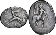 Salton Collection: Ancient Coins ITALY. Calabria. Tarentum. AR Didrachm (Nomos) (7.85 gms), ca. 450-425 B.C. NGC Ch F, Strike: 3/5 Surface: 3/5. Edge Marks. HGC-1, 758; Vlasto-185 (same obv. die); HN 