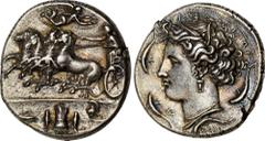 Salton Collection: Ancient Coins SICILY. Syracuse. Dionysios I, 406-367 B.C. AR Dekadrachm (43.27 gms), Reverse die signed by Euainetos, ca. 405-390 B.C. NGC Ch EF★, Strike: 5/5 Surface: 4/5. Fine Sty