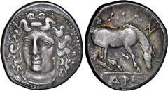 Salton Collection: Ancient Coins THESSALY. Larissa. AR Drachm (6.01 gms), ca. 356-320 B.C. NGC Ch VF, Strike: 4/5 Surface: 4/5. HGC-4, 453; BCD Thessaly-II, 312. Obverse: Head of the nymph Larissa fac