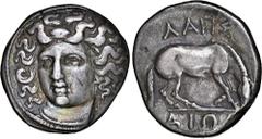 Salton Collection: Ancient Coins THESSALY. Larissa. AR Drachm (6.08 gms), ca. 356-320 B.C. NGC Ch VF, Strike: 4/5 Surface: 4/5. Fine Style. HGC-4, 453; BCD Thessaly-II, 315-9. Obverse: Head of the nym