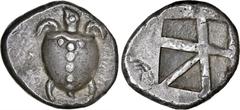 Salton Collection: Ancient Coins AEGINA. AR Stater (12.15 gms), ca. 470/65-445/40 B.C. NGC Ch EF★, Strike: 5/5 Surface: 3/5. Light Scratches. HGC-6, 435; BMC-85-94. Obverse: Sea turtle, with head in p
