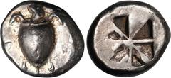 Ancient Coins AEGINA. AR Stater (12.17 gms), ca. 550-530/25 B.C. VERY FINE. HGC-6, 424. Obverse: Sea turtle, with head left, thin collar, and row of dots down back; Reverse: Small incuse square with s