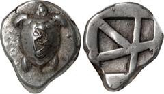 Ancient Coins AEGINA. AR Stater (12.21 gms), ca. 480-457 B.C. NGC Ch VF, Strike: 5/5 Surface: 3/5. Countermarks. HGC-6, 435; SNG Cop-507. Obverse: Sea turtle, with head in profile, "trefoil" collar, a
