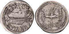 Ancient Coins MARC ANTONY. AR Denarius (3.75 gms), Patrae(?) Mint, 32-31 B.C. VERY FINE. Cr-544/26; CRI-365; Syd-1230. Legionary type. Obverse: Praetorian galley right; Reverse: Aquila between two sig