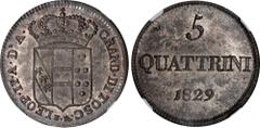 World Coins: Greece to Italy ITALY. Tuscany. 5 Quattrini, 1829. Leopoldo II. NGC MS-63. KM-C-65; Pag-173. Struck in Billon. A pleasing, sharply struck coin with cloudy, dark toning and soft underlying