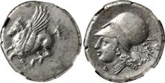 CORINTHIA. Corinth. AR Stater (8.58 gms), ca. 345-307 B.C. NGC Ch EF, Strike: 4/5 Surface: 3/5. HGC-4, 1848; Pegasi-453; BCD Corinth-Unlisted. Obverse: Pegasos flying left; Reverse: Helmeted head of A