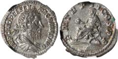 MACRINUS, A.D. 217-218. AR Denarius (2.49 gms), Rome Mint. NGC AU, Strike: 5/5 Surface: 5/5. RIC-27; RSC-51. Obverse: Laureate, draped, and cuirassed bust right; Reverse: Macrinus seated left on curul
