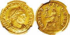 ANCIENT COINAGE-ROMAN EMPIRE TACITUS, 275-276. AV Aureus (4.22 gms, Siscia Mint). RIC-75e; Cal-4088. Laureate, draped cuirassed bust of Tacitus right./Roma seated left in throne. Attractive ALMOST UNC