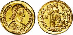 ANCIENT COINAGE-ROMAN EMPIRE HONORIUS, 393-423. AV Solidus (4.49 gms, Ravenna Mint, 402-406). RIC-1287; Ranieri-11. Diademed bust of Honorius right./Honorius standing right holding standard and Victor