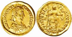 ANCIENT COINAGE-ROMAN EMPIRE VALENTINIAN III, 425-455. AV Solidus (4.47 gms, Ravenna Mint, 426-430). RIC-2010; Ranieri-95 (R). Diademed, draped bust of Valentinian III right./Emperor standing, holding