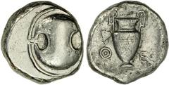 ANCIENT COINAGE-GREEK BOEOTIA. Thebes. AR Stater (11.98 gms), ca. 425-400 B.C. BCD-390. Boeotian shield./Amphora, ivy leaf at left. Slightly off center obverse, light porosity on reverse. VERY FINE.Es