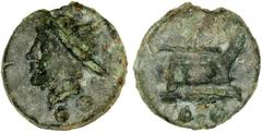 ANCIENT COINAGE-ROMAN REPUBLIC AE Aes Grave Sextans (39.78 gms), ca. 225-217 B.C. Cr-35/5; S-587; Tv-55; Syd-76; Syd (Aes Grave)-5. Head of Mercury left./Prow of ship right. Green patina, CHOICE VERY 