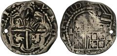 WORLD CROWNS & MINORS-GUATEMALA GUATEMALA. 2 Reales, ND (1663). Philip IV (1621-65). KM-B1.2. Type II countermark on a Philip III Potosi 2 Reales Assayer R. Holed. Host Coin FINE; Countermark VERY FIN